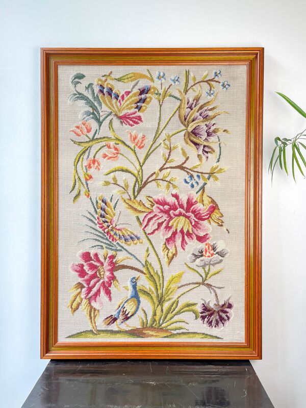 Tapisserie canevas vintage à motif fleuri – Broderie murale rétro