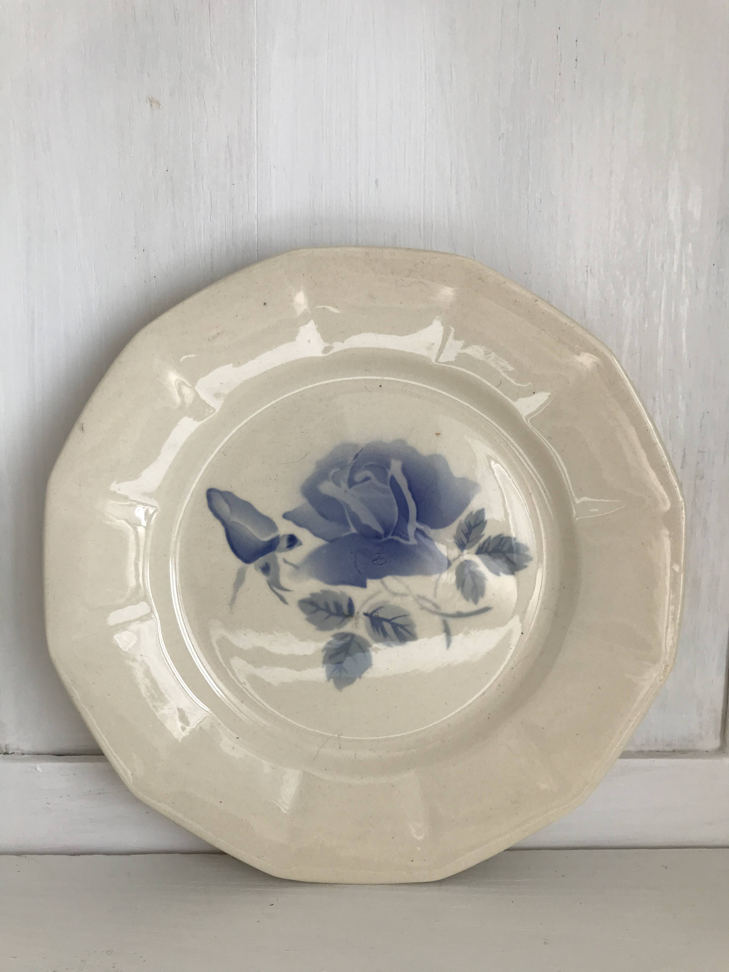 Set of 11 Digoin flat plates, blue rose patterns