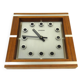 Mid century teak & steel wall clock by dugena danish modern