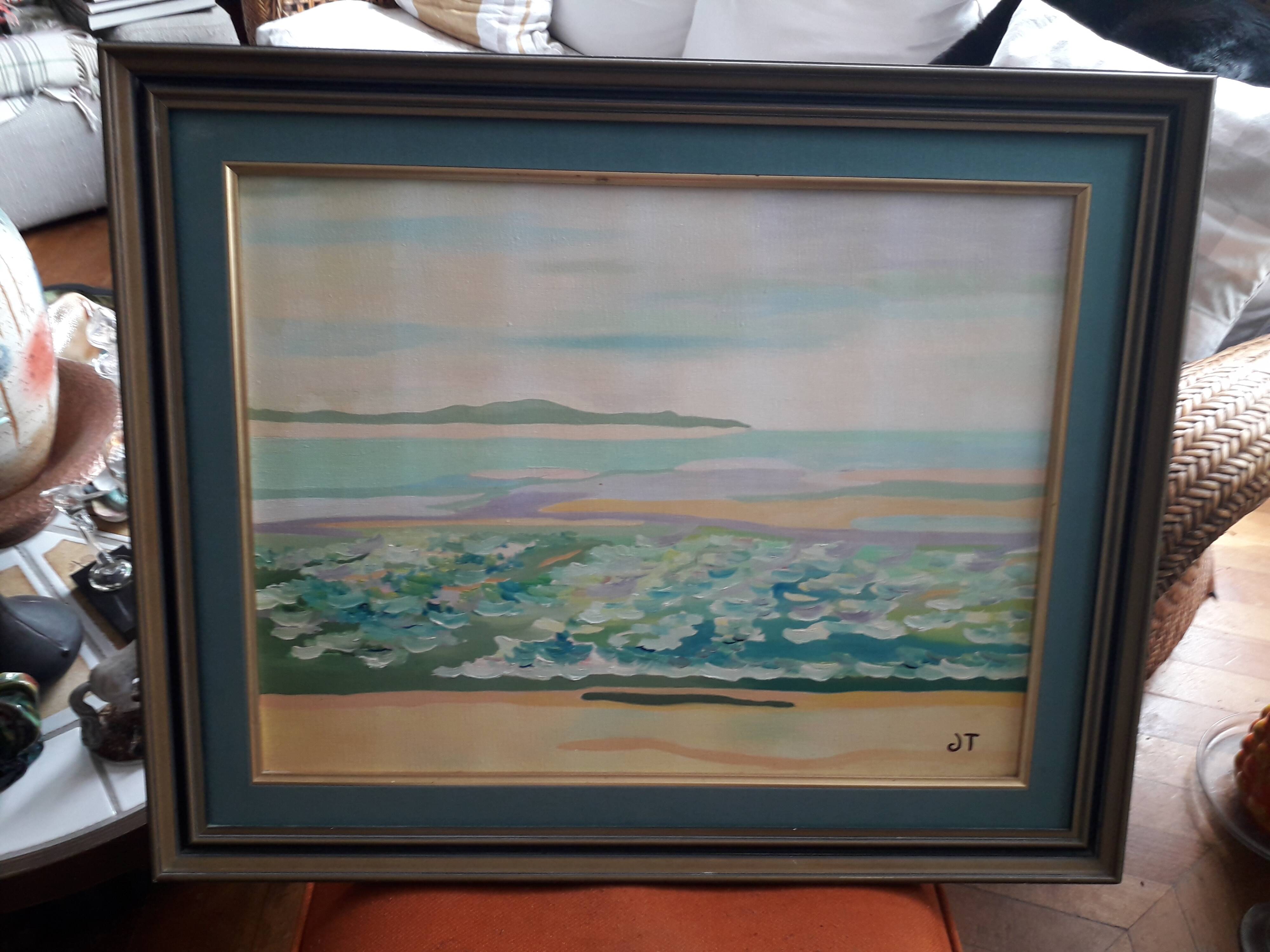 Antique oil painting depicting a seaside scene