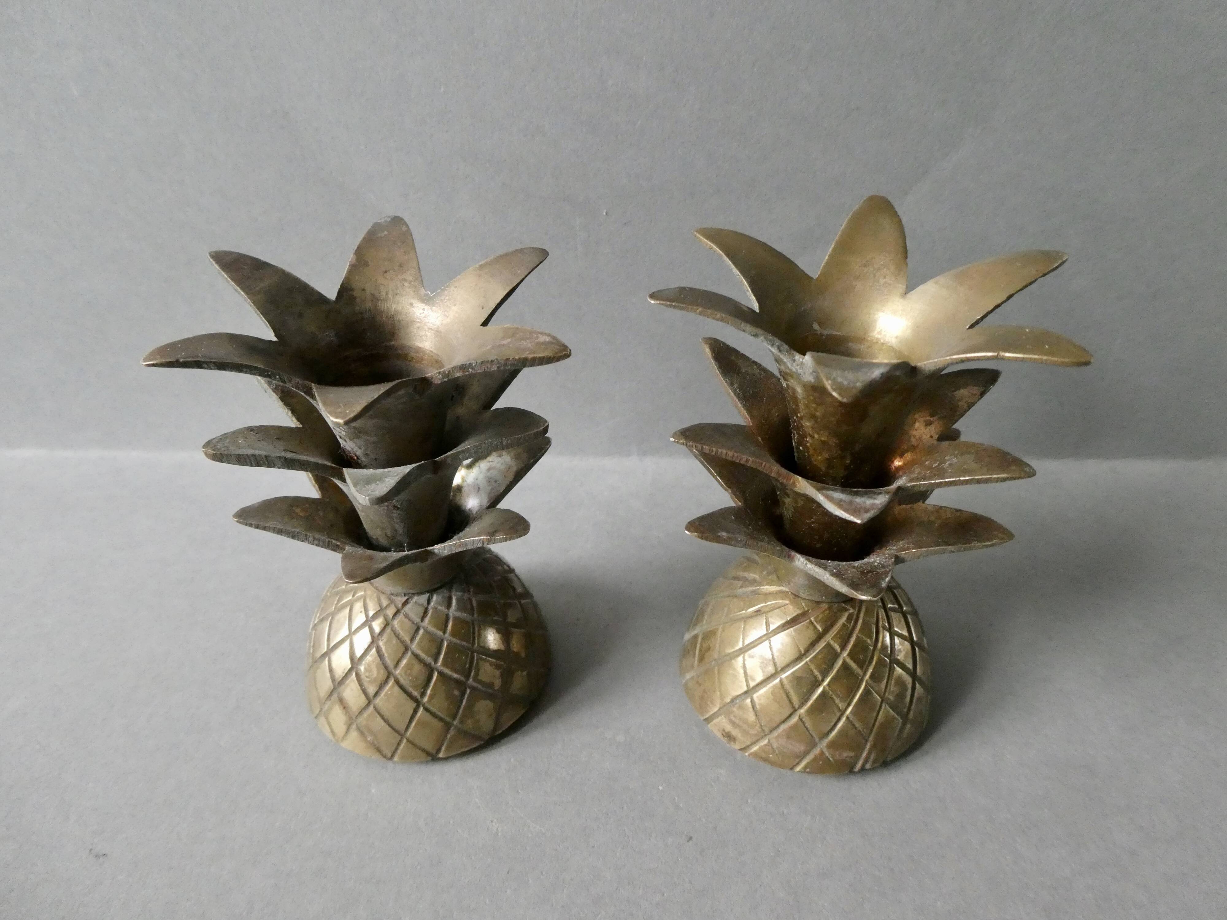 Pair of pineapple candlesticks, brass