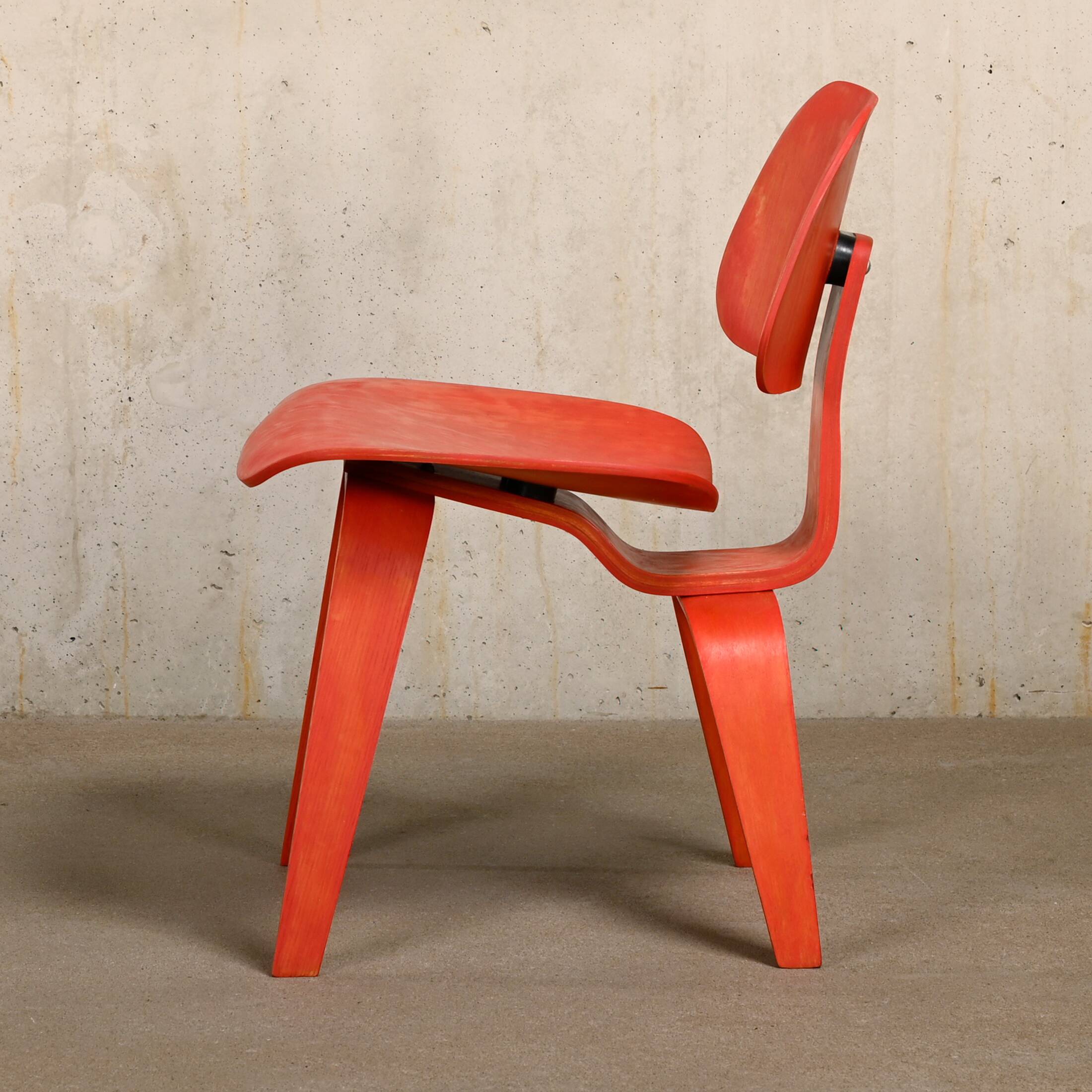 Charles & Ray Eames Early DCW Red aniline dye Ash Dining Chair for Evans Plywood