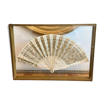 Mother-of-pearl fan and embroidered textile by Claude de Muzac – under frame