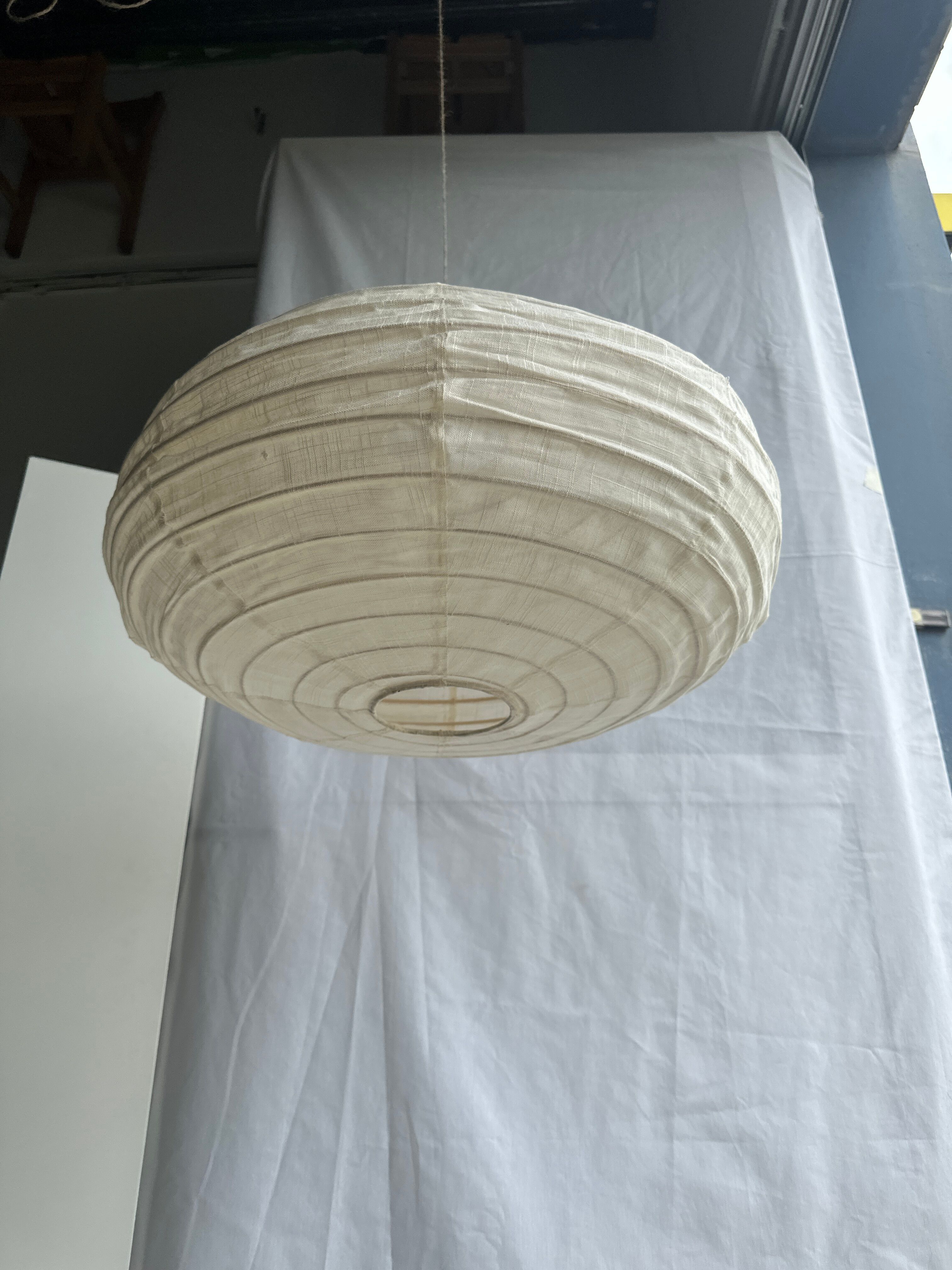 Suspension in rattan and natural linen Japanese style flattened oval h35 d60