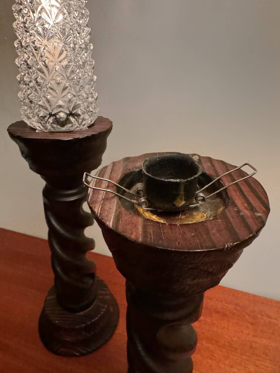 Brutalist turned wood candlesticks from the 60s
