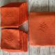 Old tablecloth & its 12 damask napkins numbered "JB" color apricot - linen - 12 covers