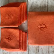Old tablecloth & its 12 damask napkins numbered "JB" color apricot - linen - 12 covers
