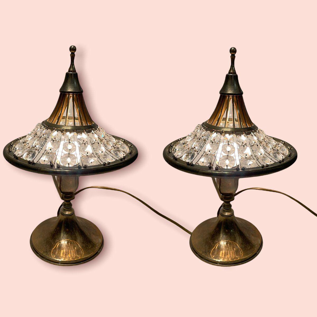 Vintage Crystal Brass Table Lamps, 1960s, Set of 2