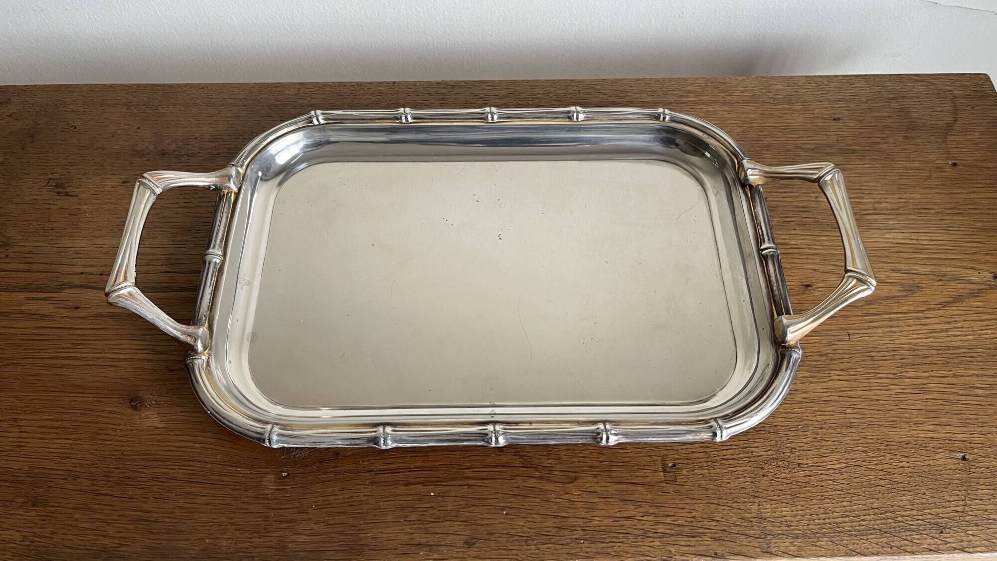 Silver-plated faux bamboo tray USA 1970 Hollywood Regency