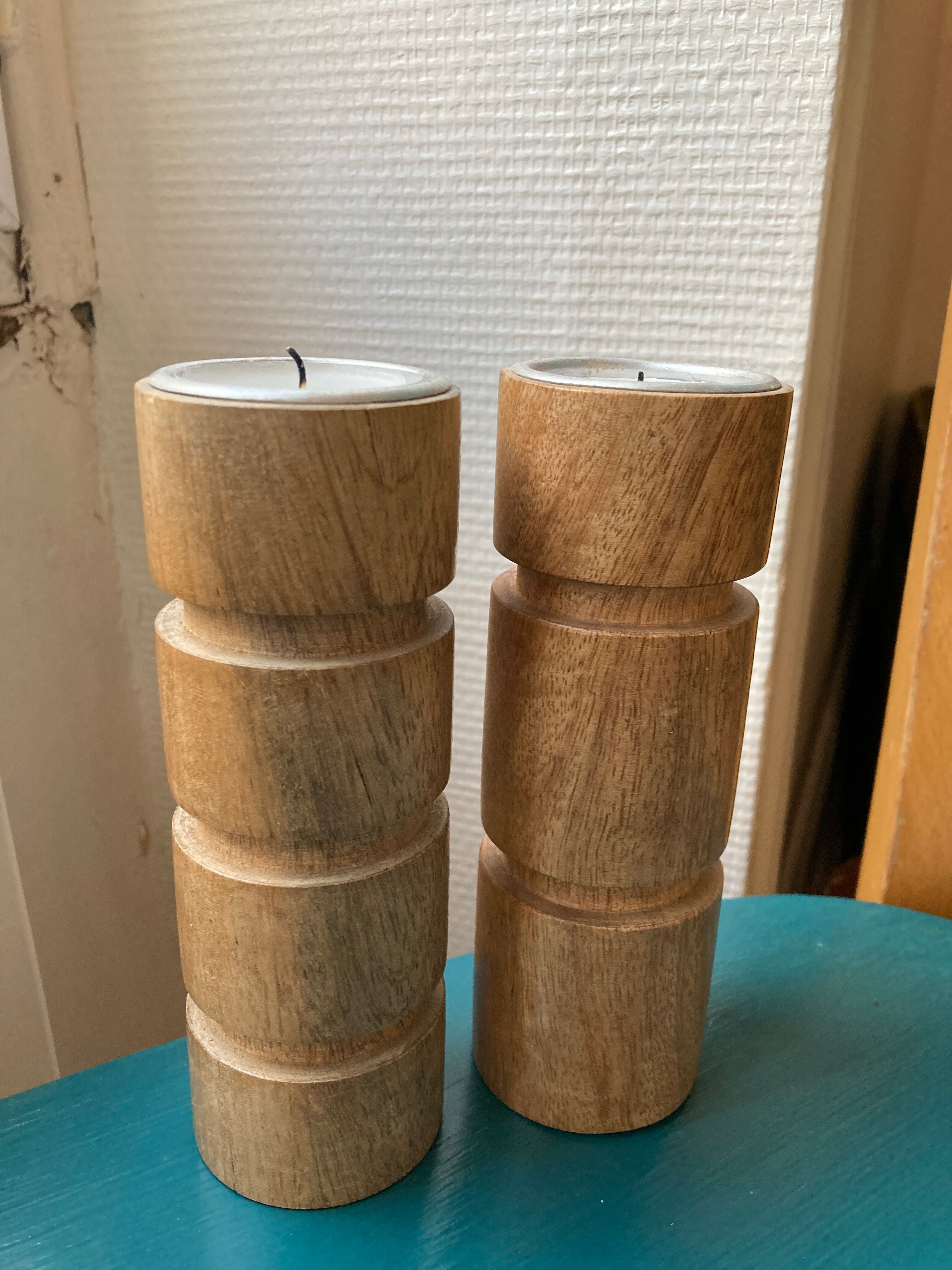 2 wooden candle holders