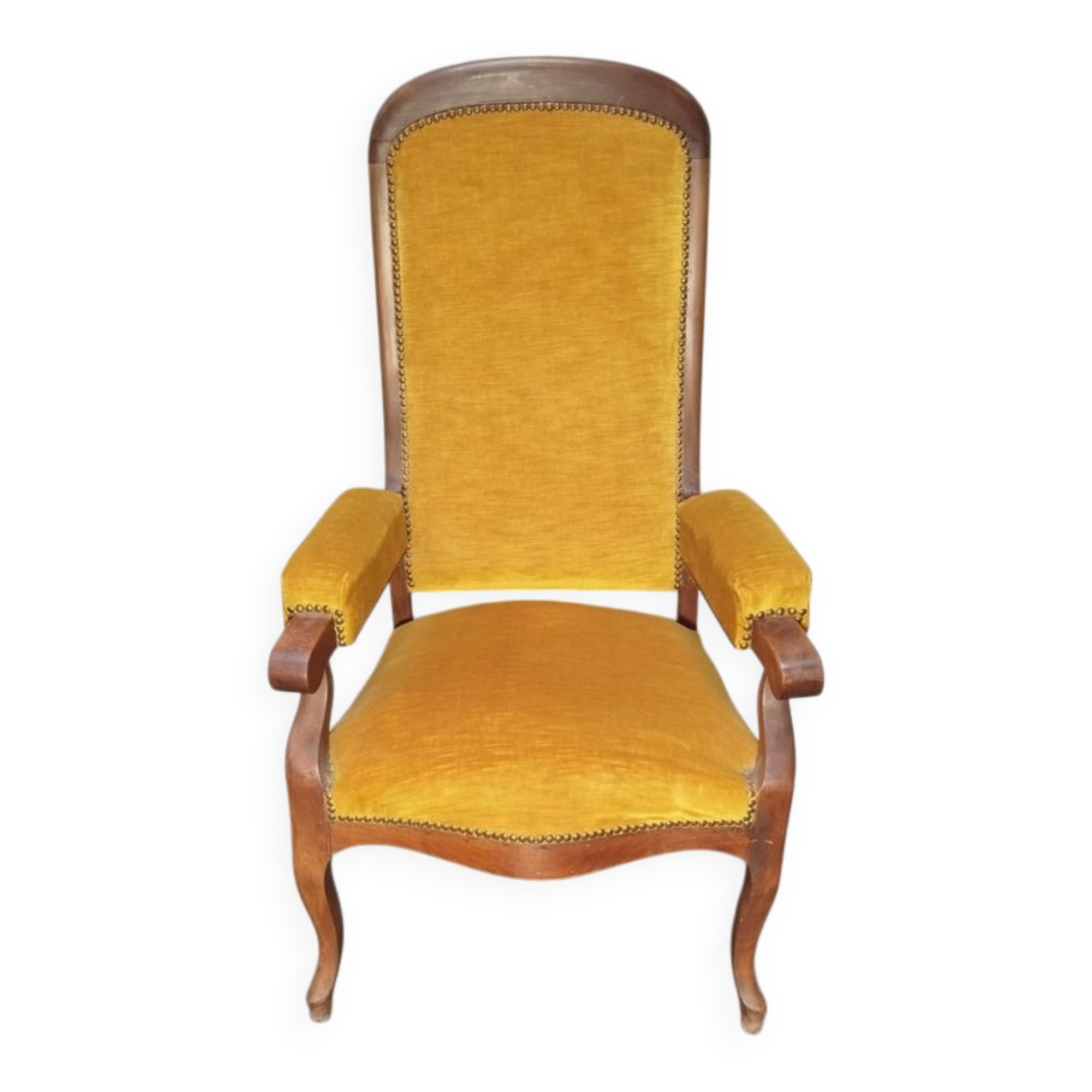 Antique Voltaire armchair — ochre/mustard velvet — Louis-Philippe style — 19th century