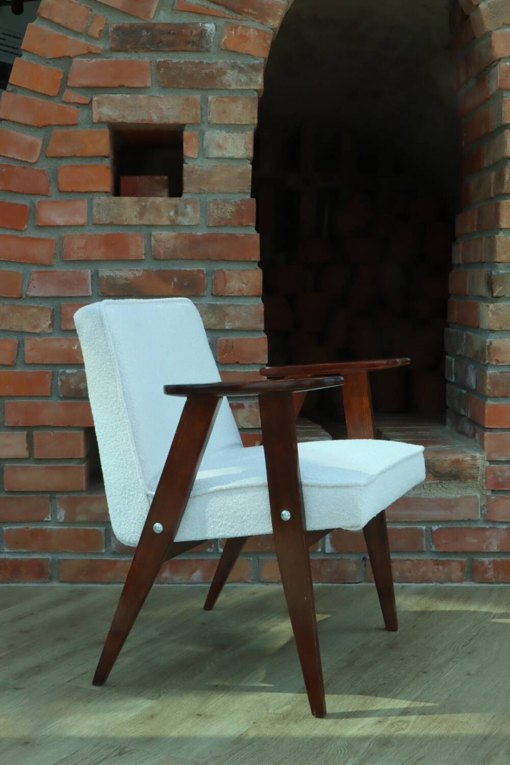 Scandinavian armchair snow white boucle dark walnut wood colour design by Chierowski 366 model