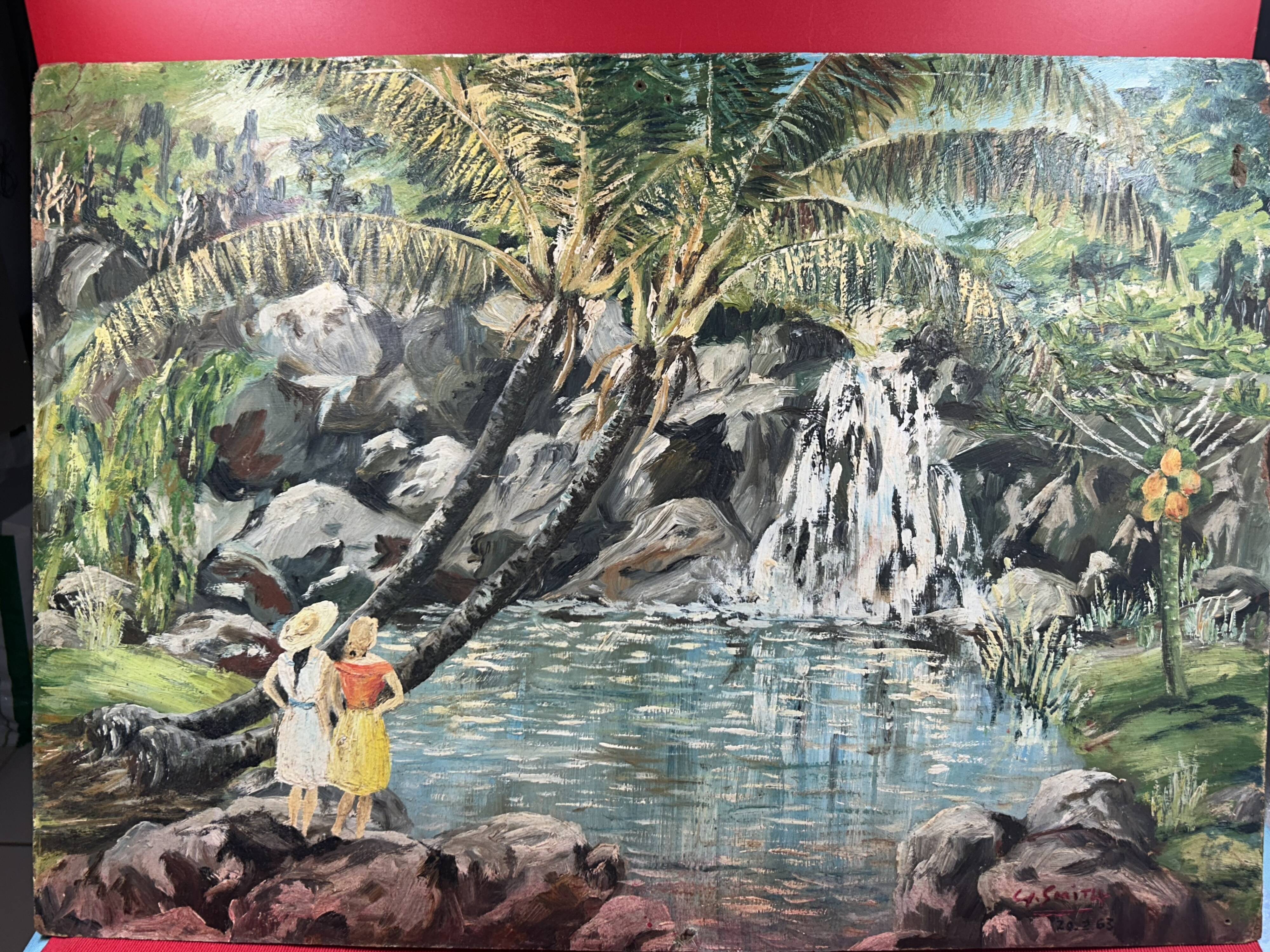oil on panel Luxurious Waterfall Langevin La Réunion signed Smith