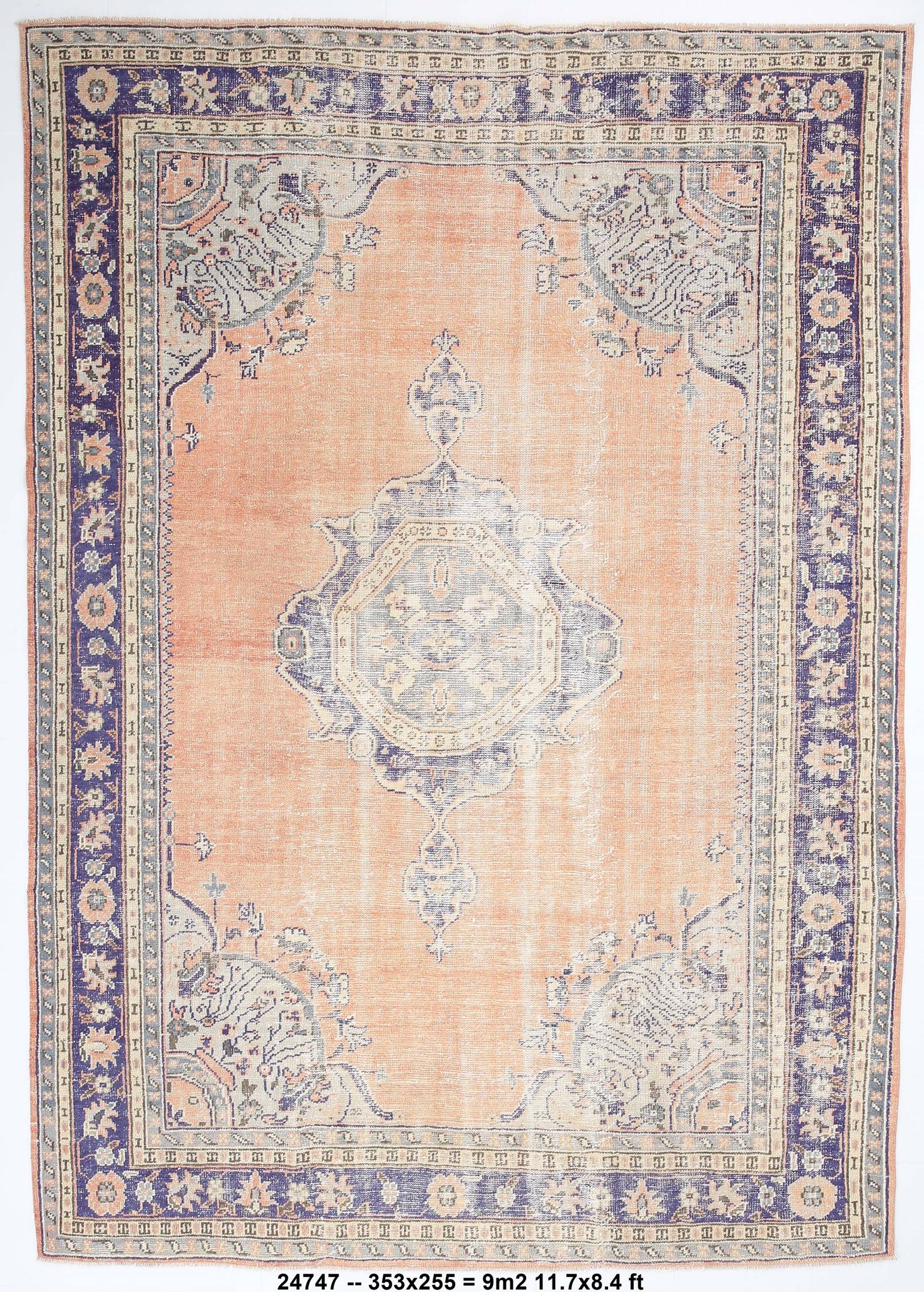 Orange & navy blue turkish vintage rug