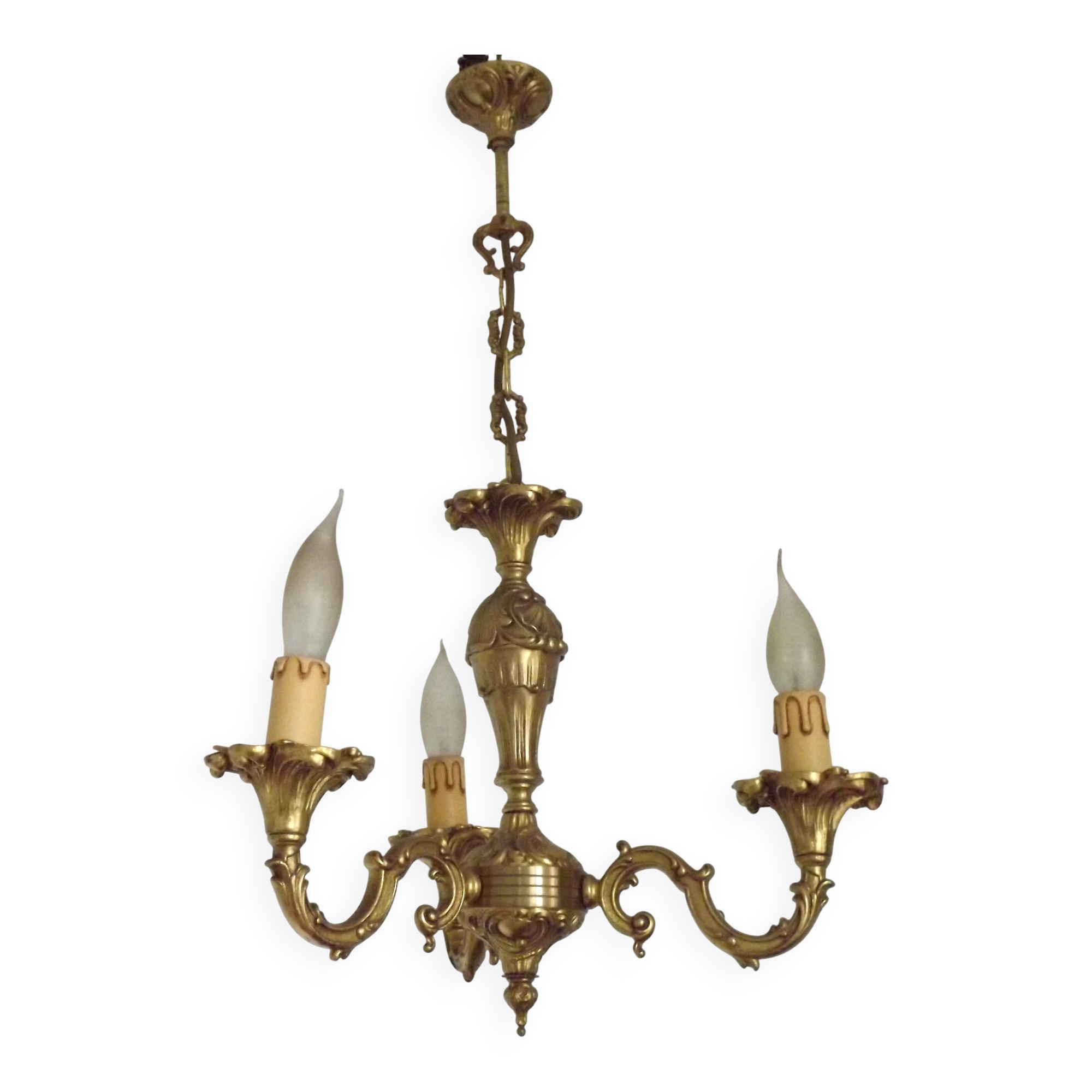 Quality Stamped Bronze French Mid-Century 3-Light Traditional Chandelier