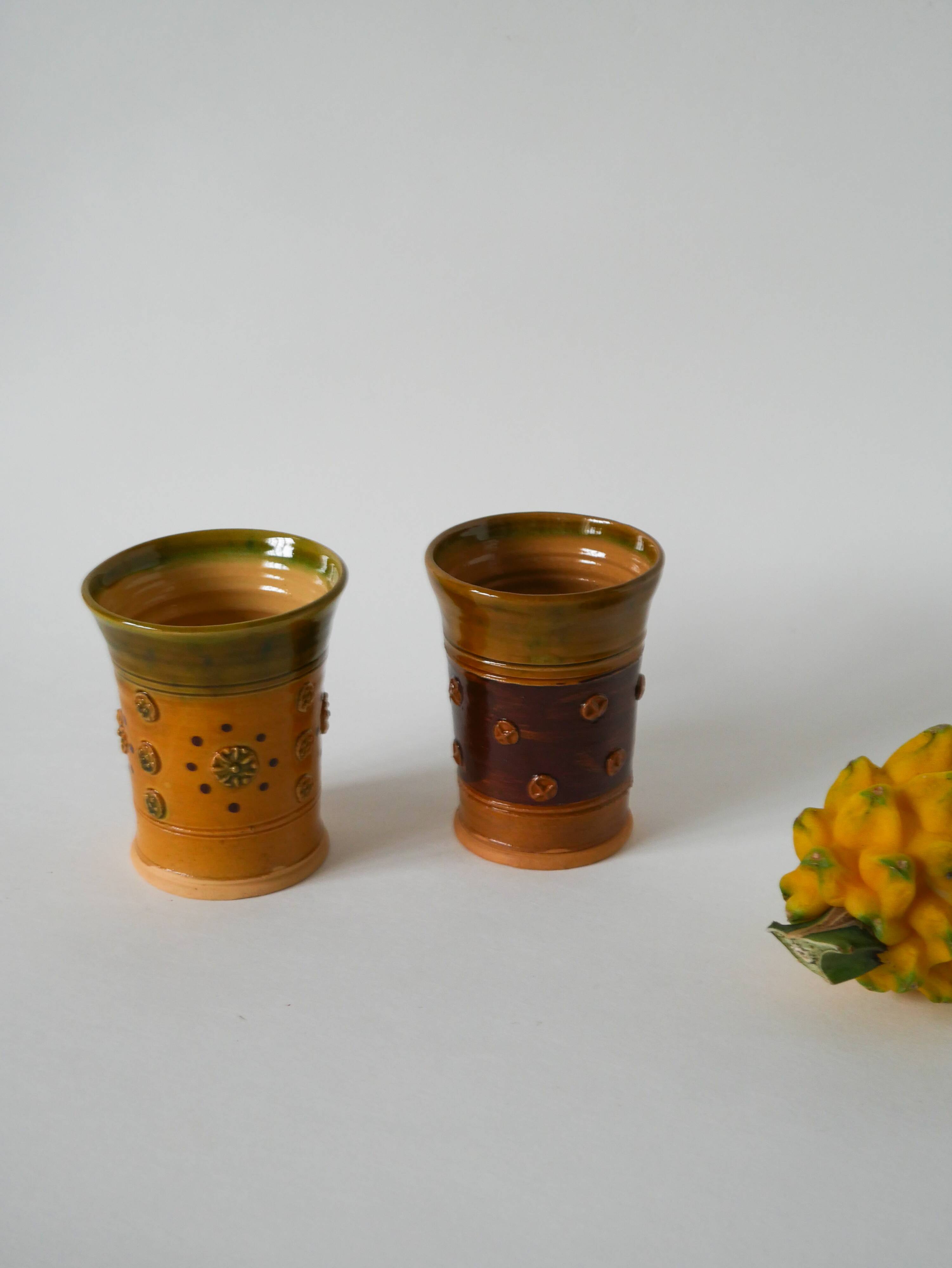 Pair of yellow and green ceramic/pottery cups, vintage, 1970