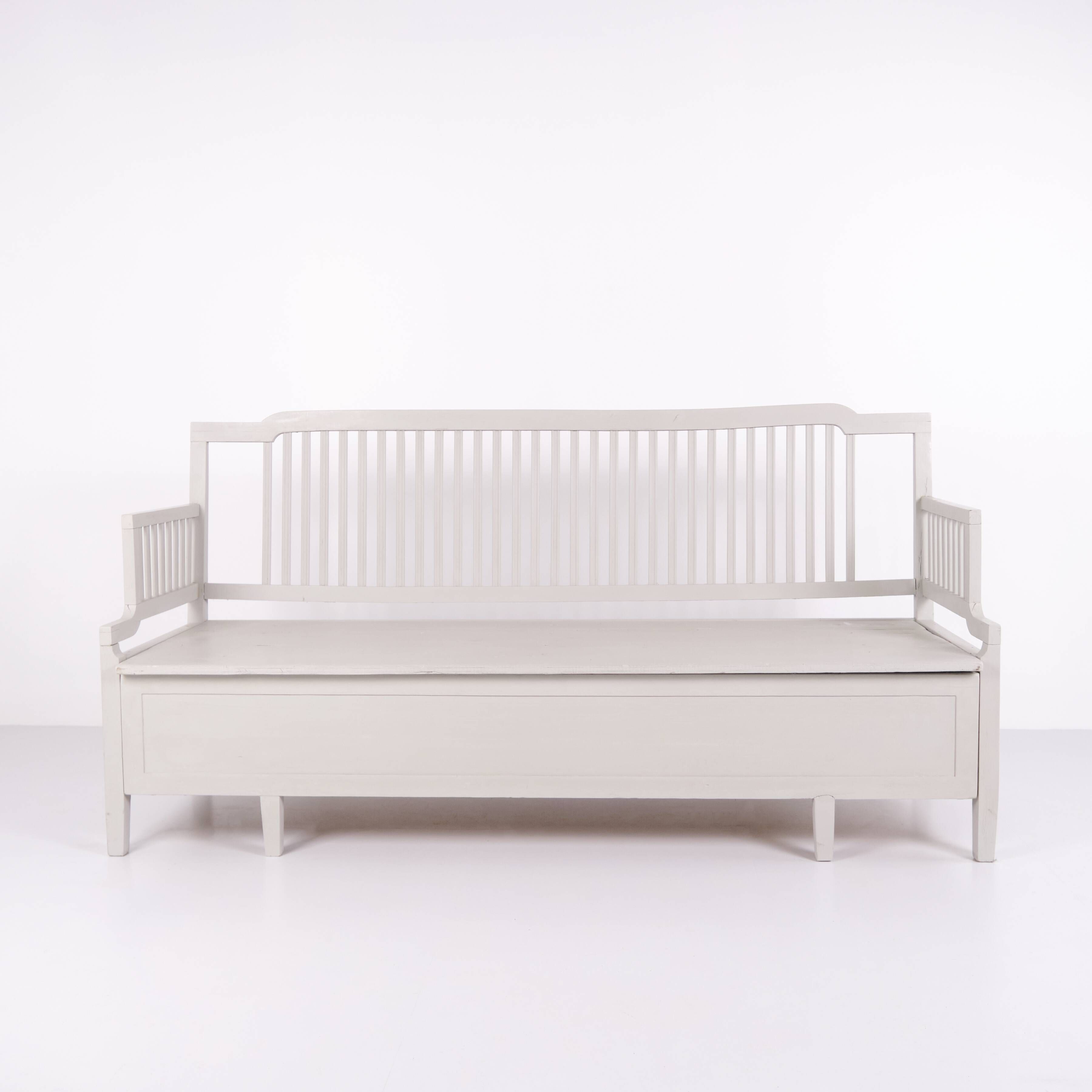 Antique storage bench with high back – grey painted – pine wood – 1860s