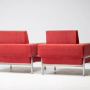 Red Kiushu armchairs by Saporiti characteristic of mid-20th century Italian modern design.