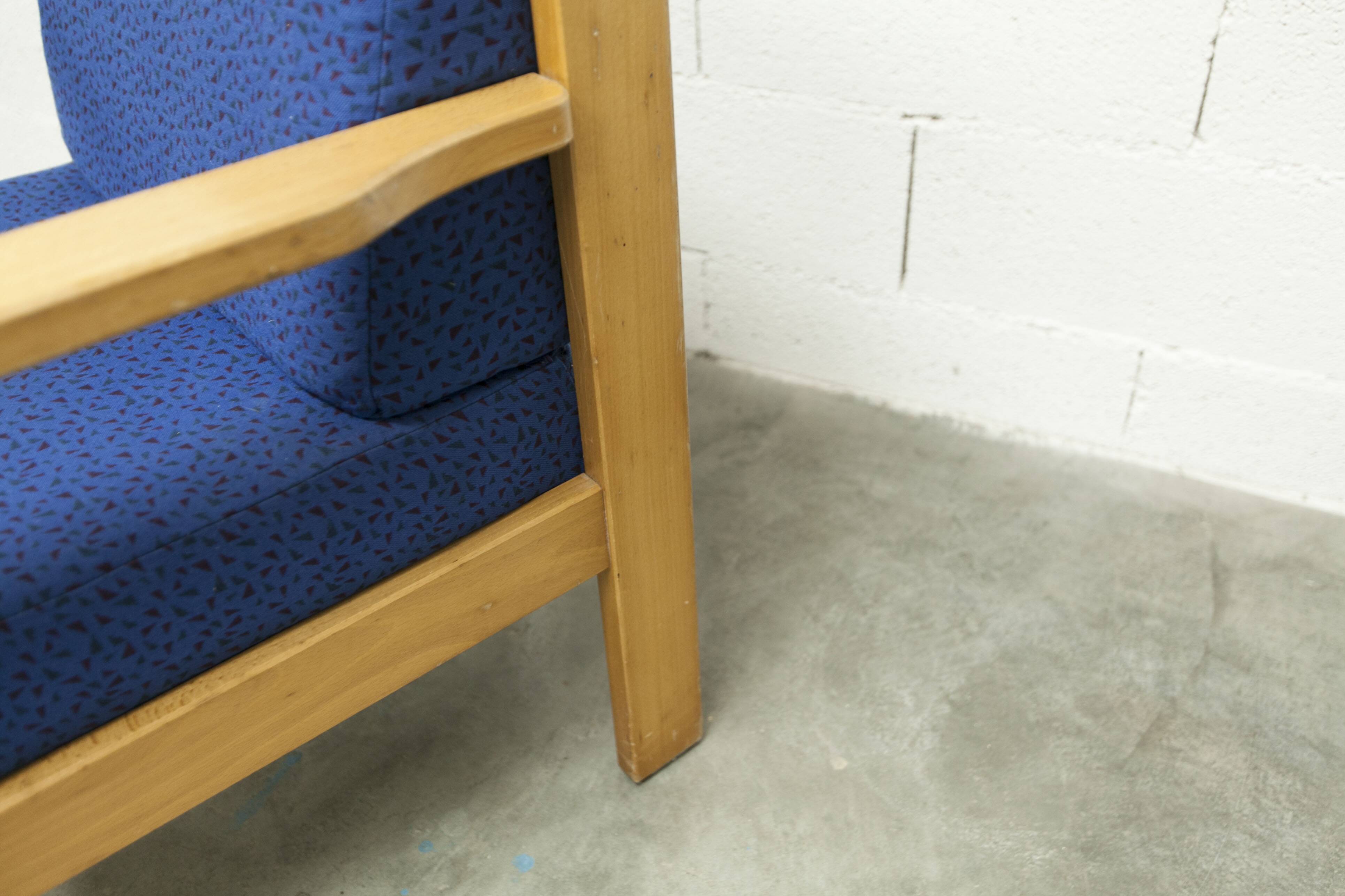 Comfortable 1980s blue and honey beech armchair