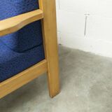 Comfortable 1980s blue and honey beech armchair