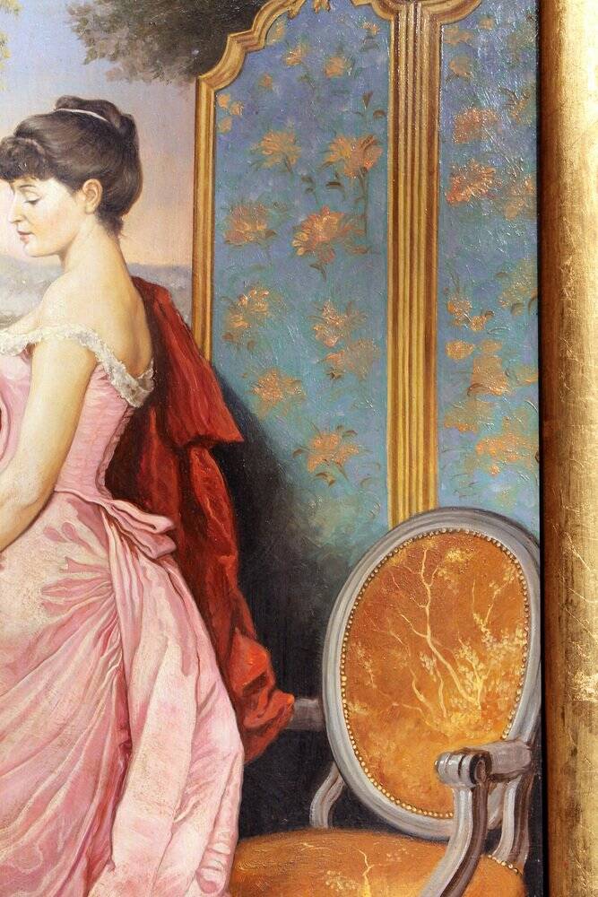 Portrait d'une dame italienne avec paysage florentin, 1890, huile sur toile, encadré.