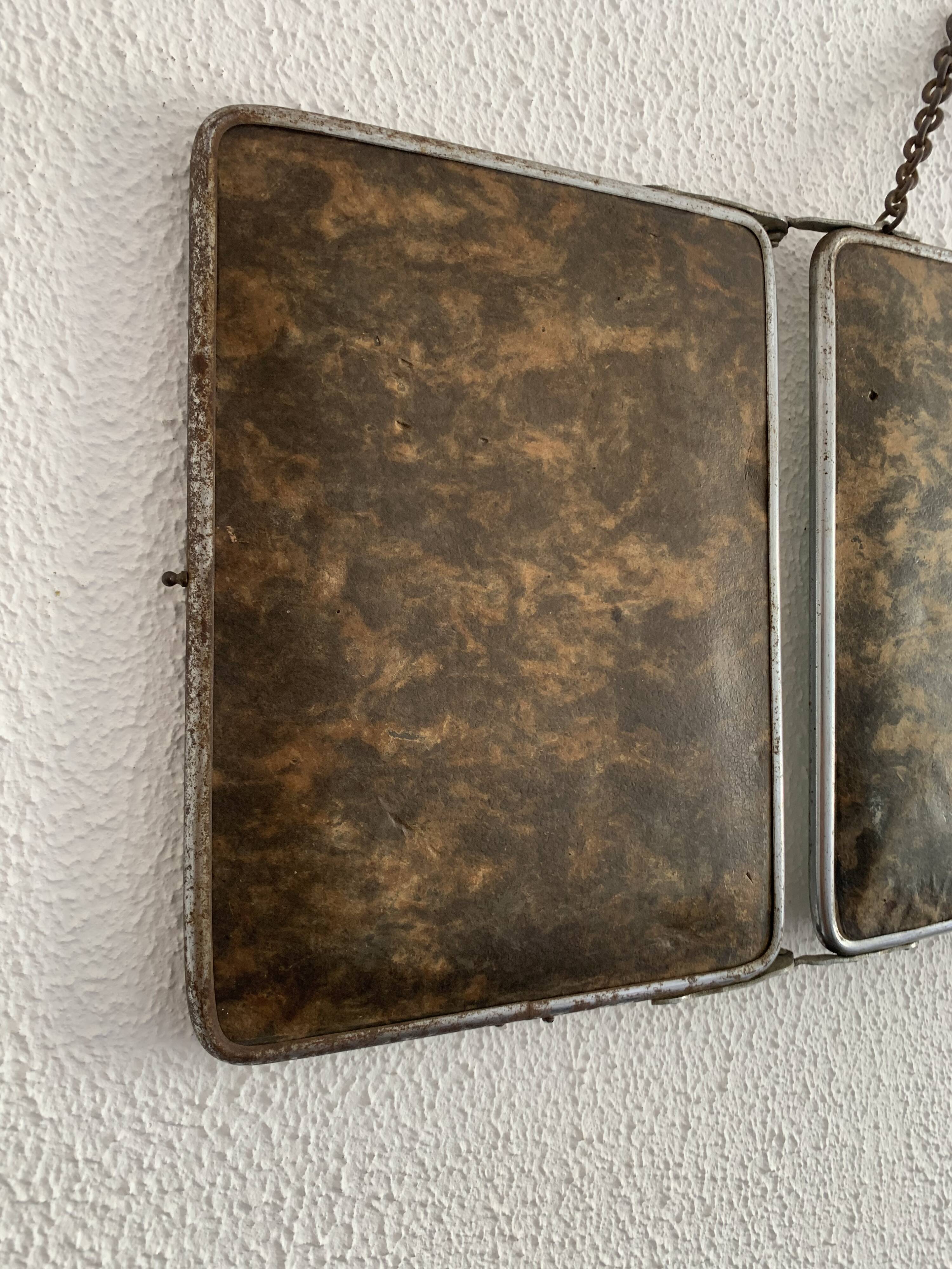 Vintage 1930s barber triptych mirror with camouflage beveled glass - 25 x 59 cm
