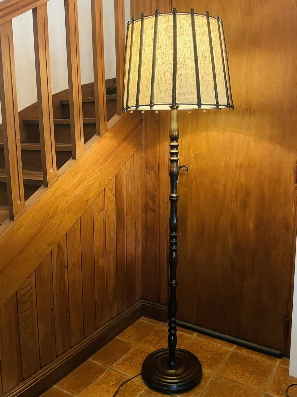 Vintage Floor Lamp Turned Wood, Bamboo Rattan Circa 1950s