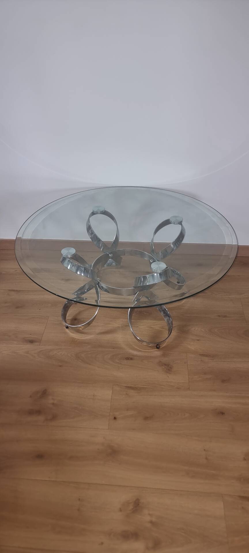 Table basse vintage Spage Age en verre et chrome. Style Hesterberg