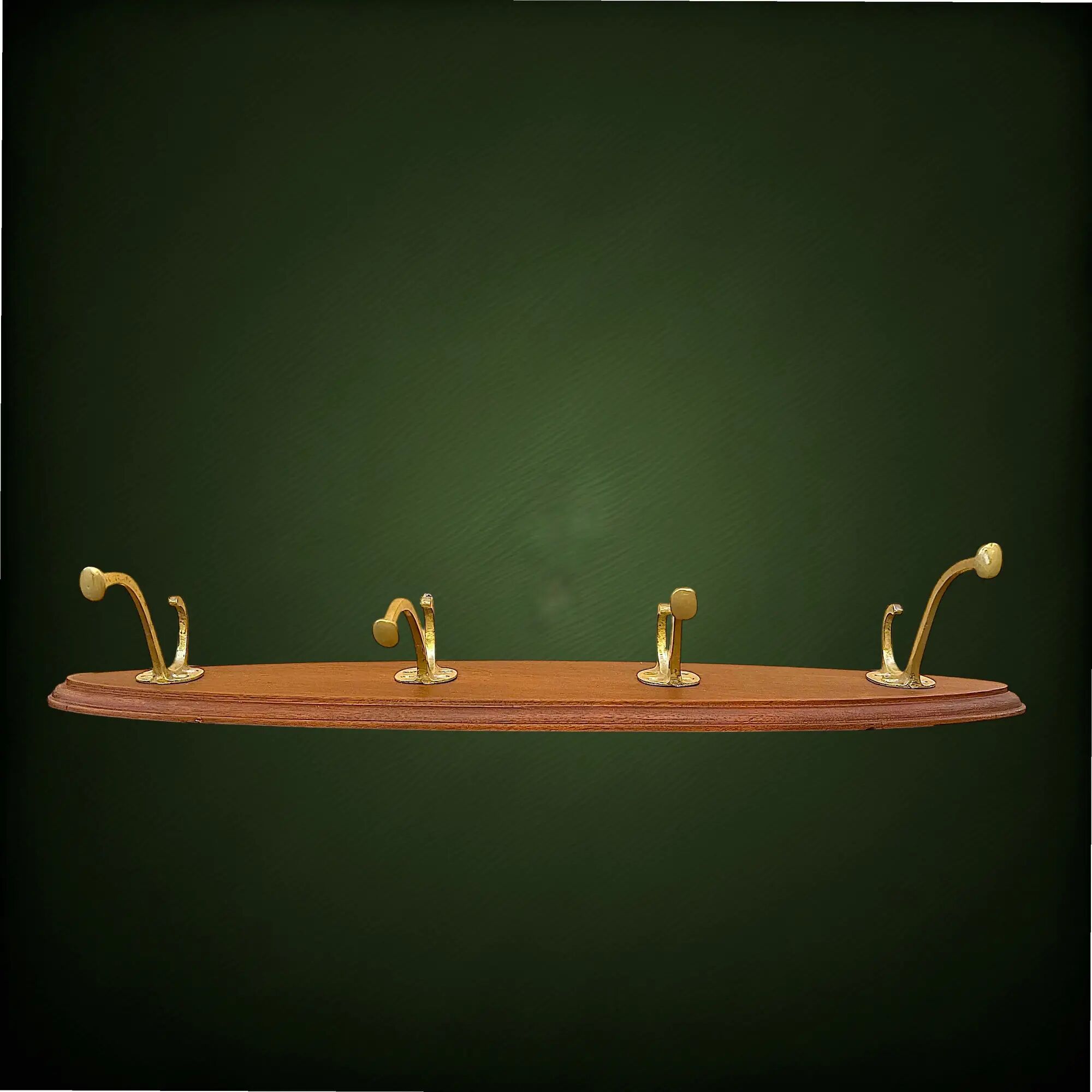 Vintage wooden wall coat rack with 4 double brass hooks – 1950s-60s
