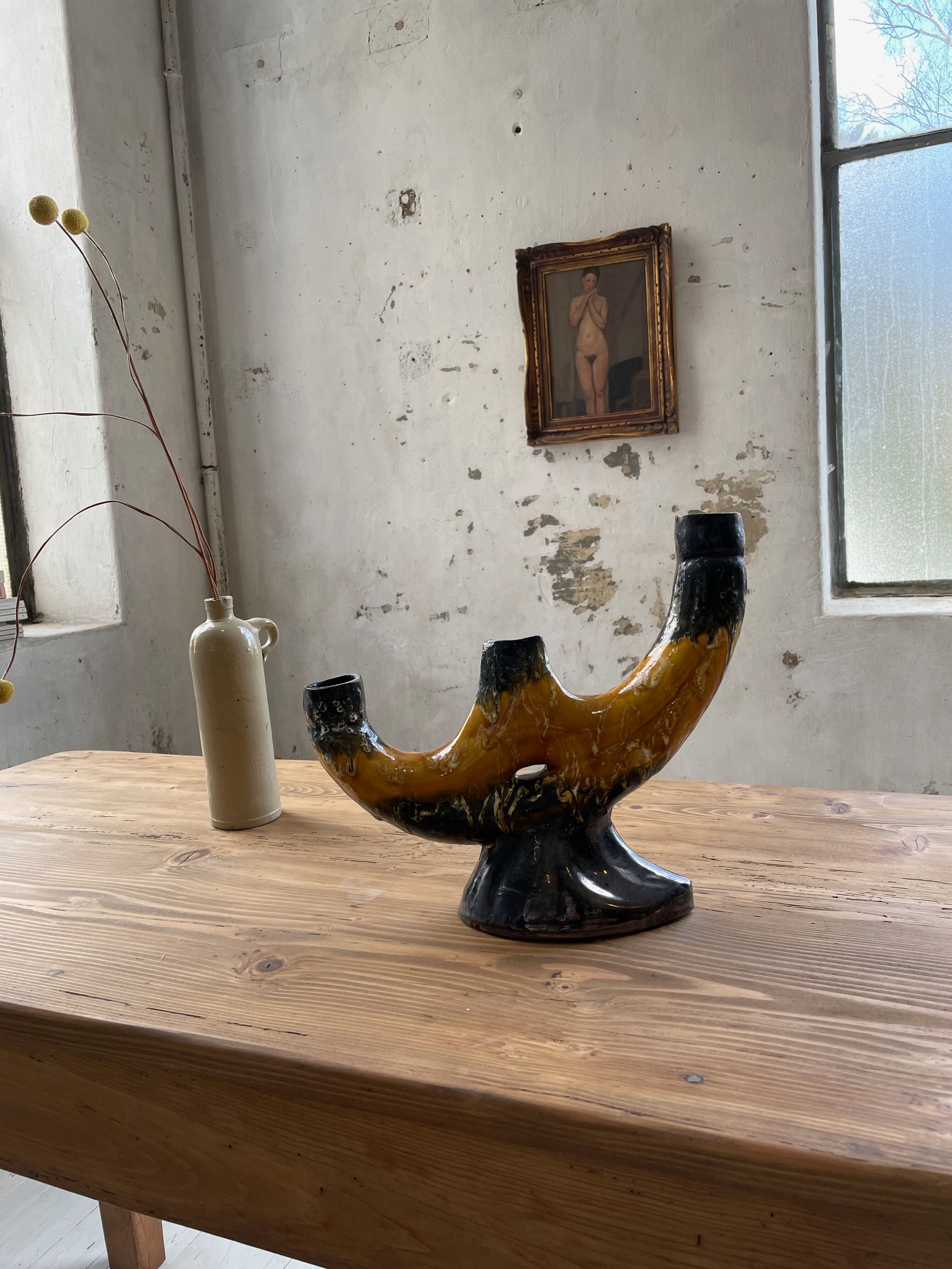 Vallauris black yellow ceramic candlestick