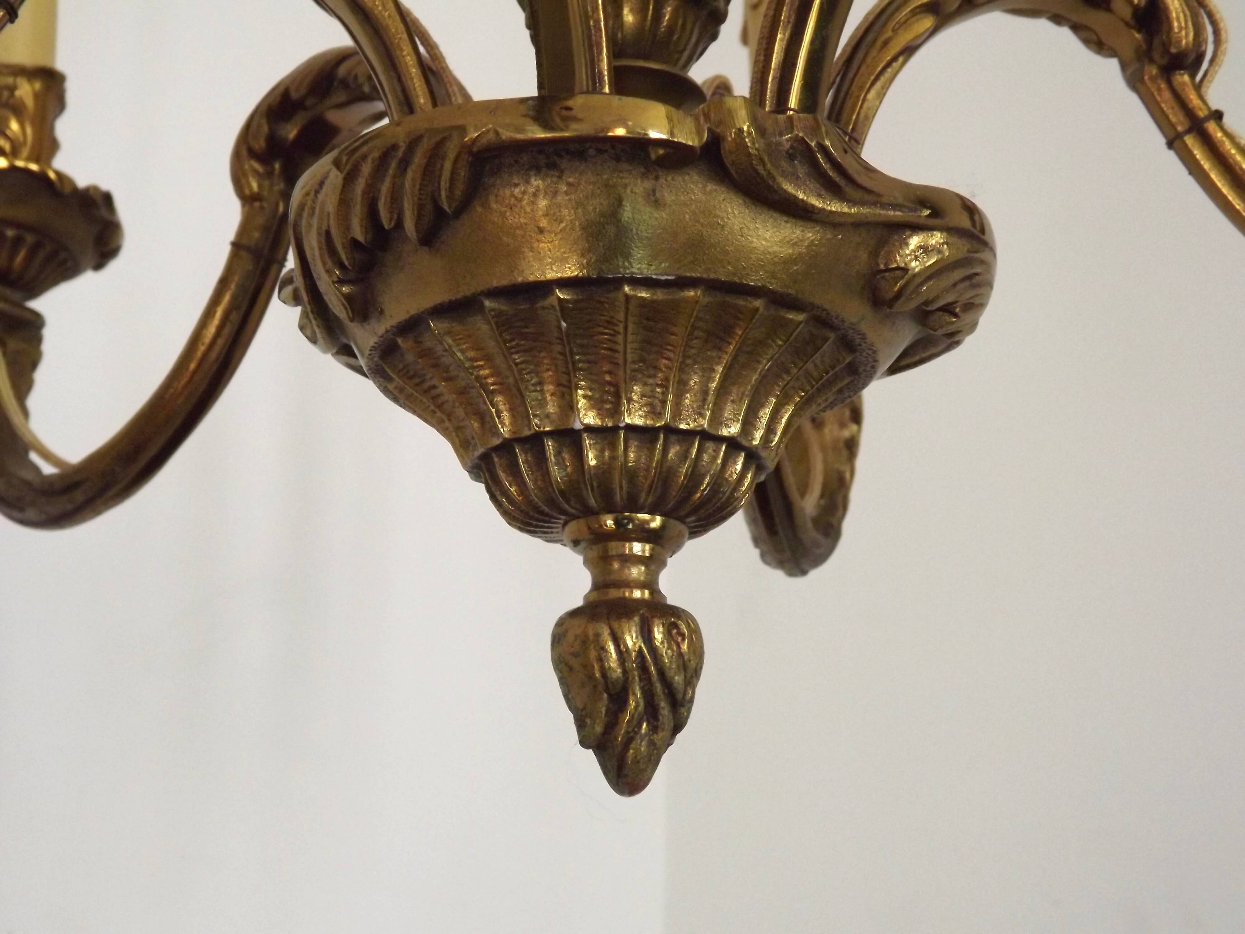 French Art Nouveau Bronze 6 Light Chandelier with Scroll Arms and Leaf Details 5583