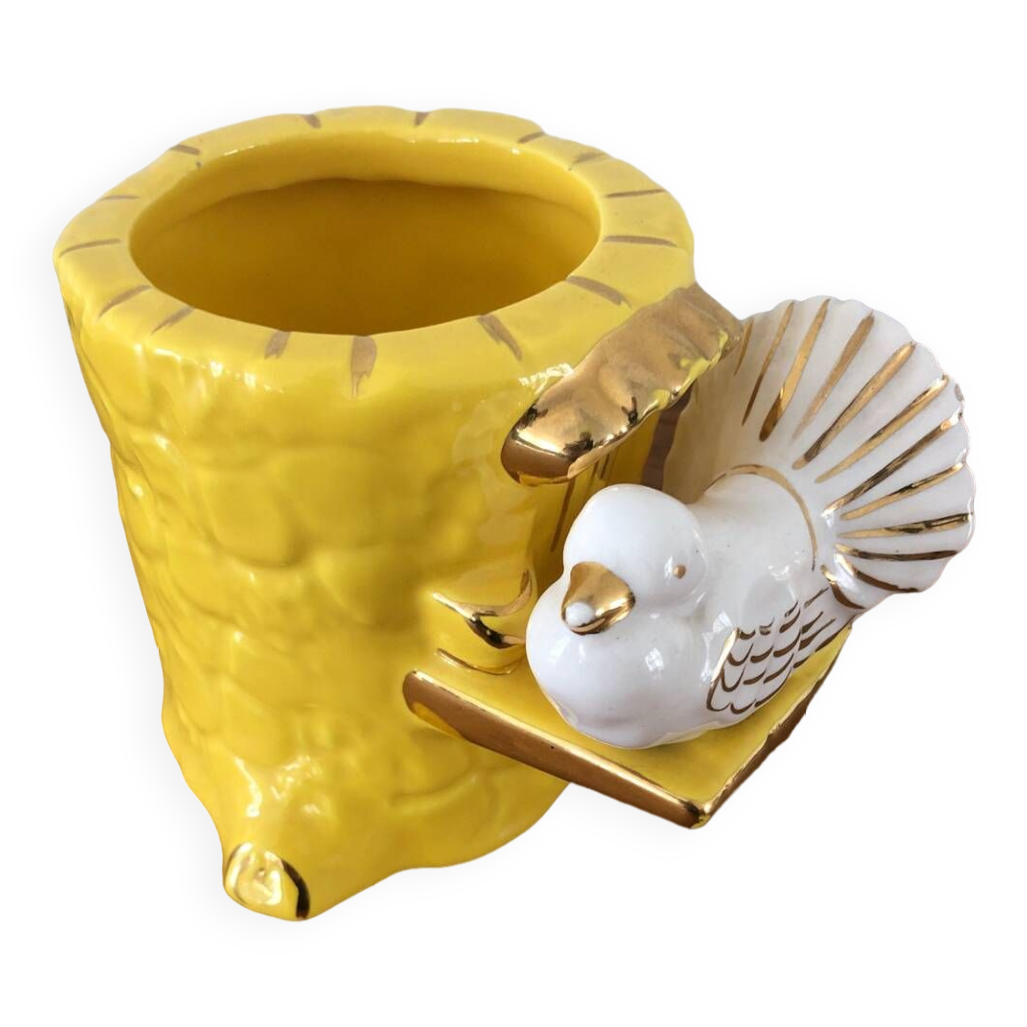 Vintage yellow plant pot with Vallauris bird 1960