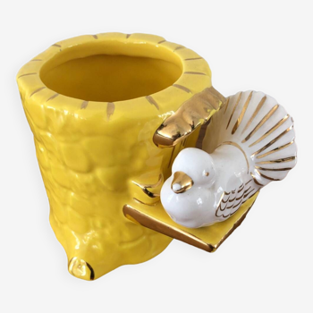 Cache pot vintage jaune avec oiseau vallauris  1960