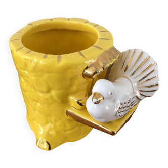 Cache pot vintage jaune avec oiseau vallauris  1960