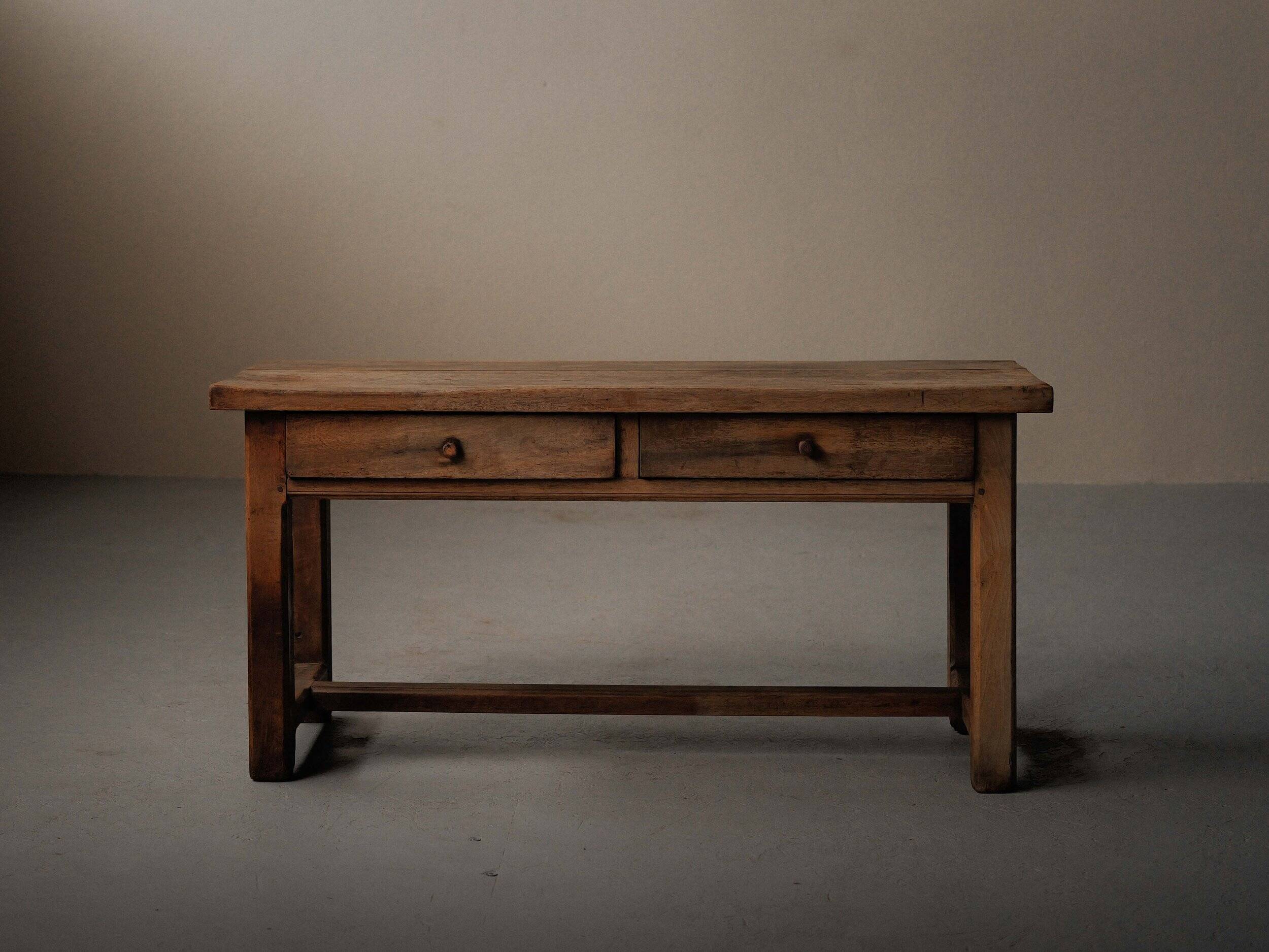 Antique work table/console in solid oak, Auvergne, circa 1900