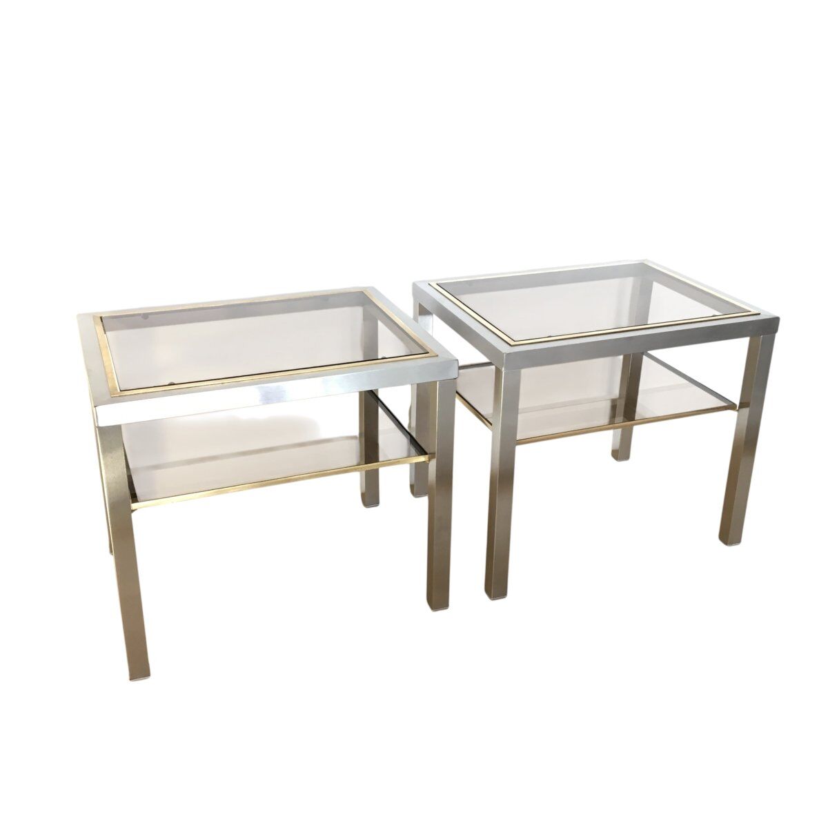 Pair of Brushed Steel Side Tables, Smoked Glass by Guy Lefèvre