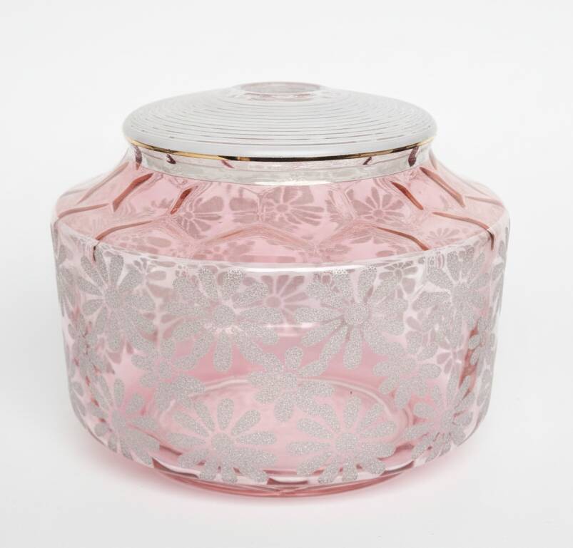 Pink pearlescent glass lampshade with floral relief decoration – 1950s