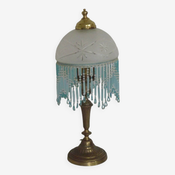 French Vintage Brass Table Lamp With Patterned Etched Glass Tassle Shade 4790