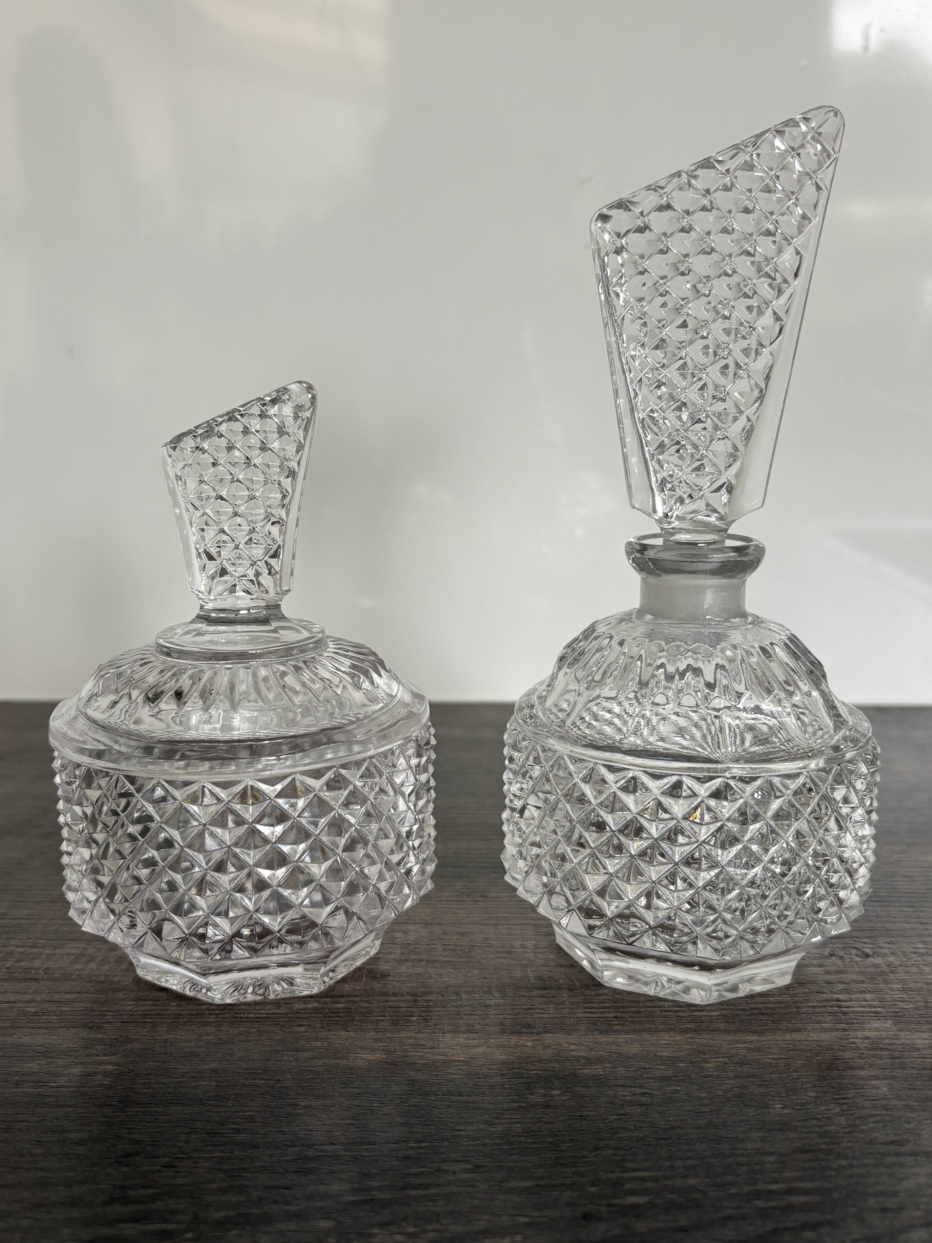 Pair of crystal-style cut glass bottles – retro/vintage dressing table