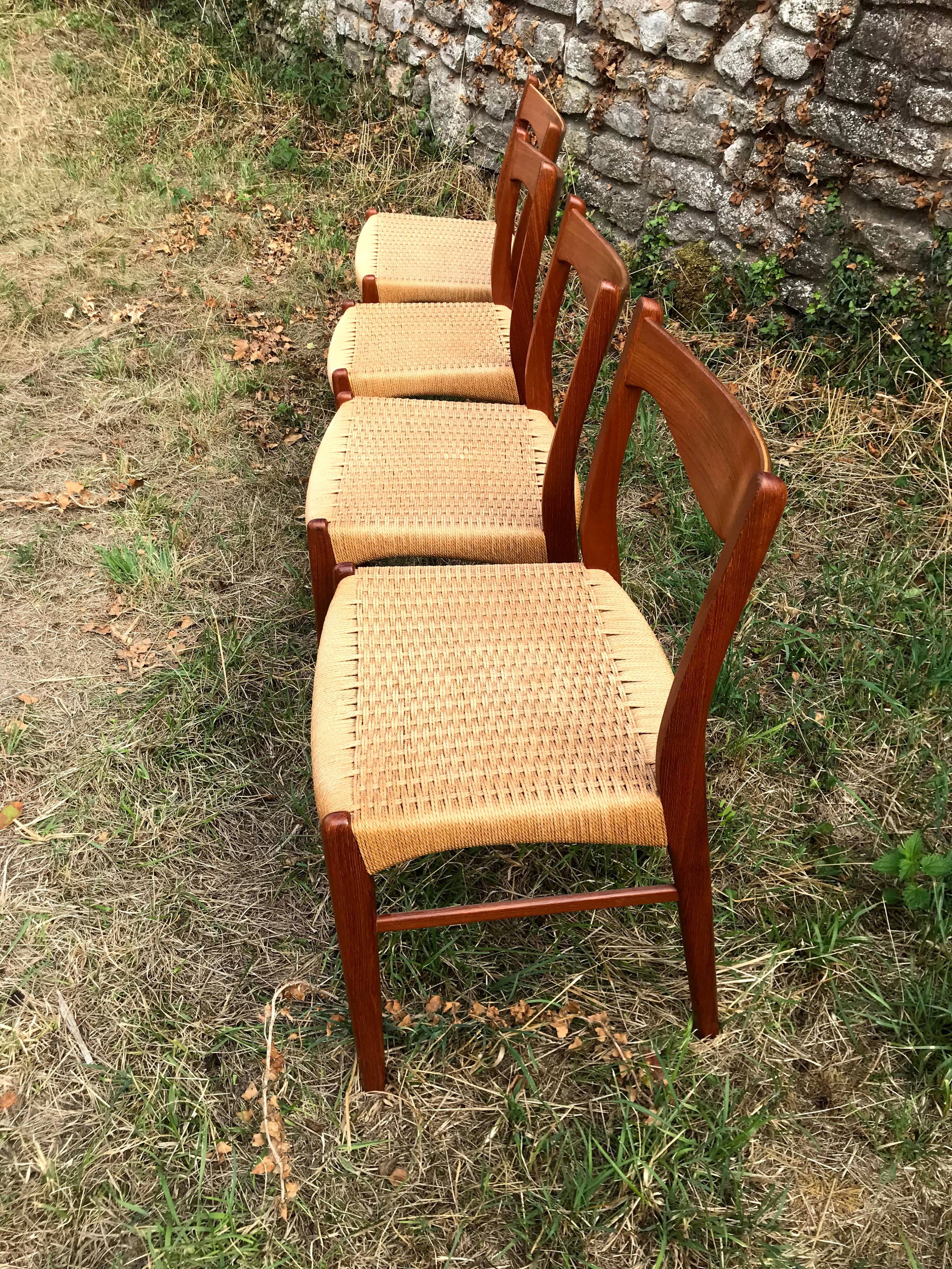 Chaises d'Arne Wahl Iversen teck et corde pour Glyngøre Stolefabrik années 60