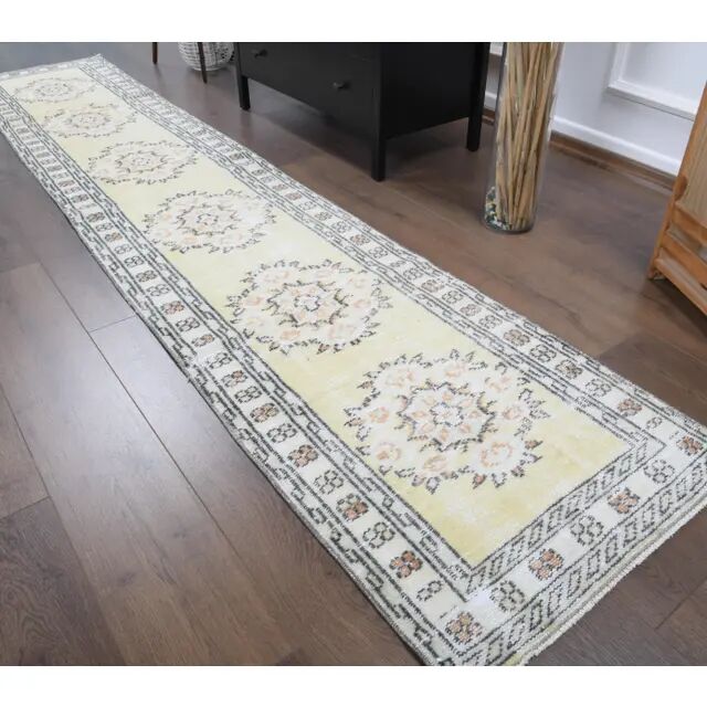 Vintage Turkish Oushak handmade wool cotton yellow runner rug 78x328