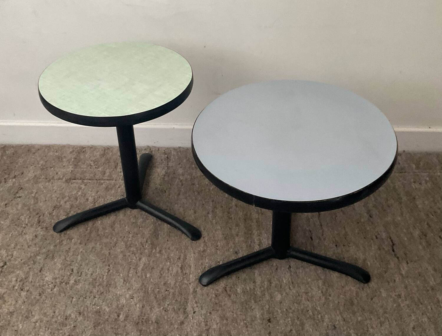 Pair of vintage metal and Formica pedestal tables