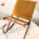 Ancien repose pied à bascule bois tissu velours