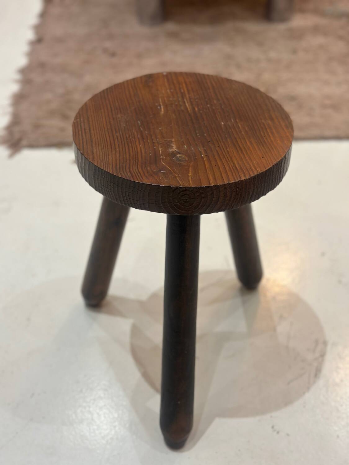 Vintage brutalist tripod stool compass legs - wood