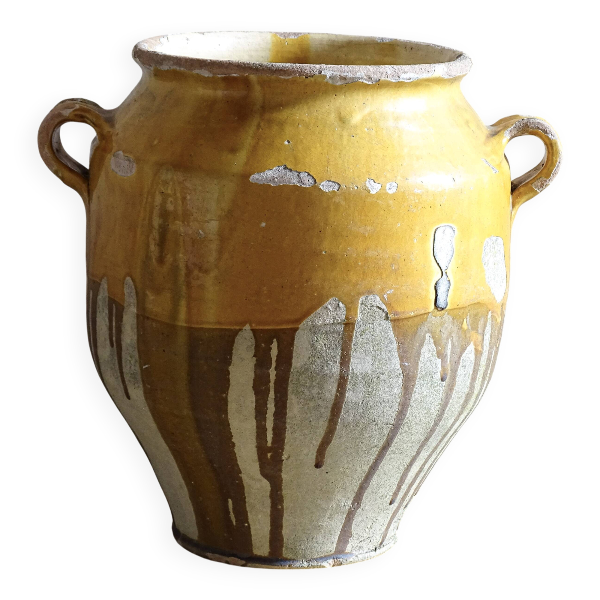 Large Antique French Confit Pot with Yellow Glaze