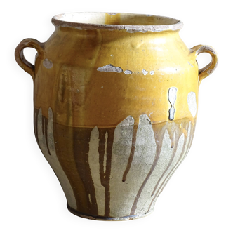 Large Antique French Confit Pot with Yellow Glaze