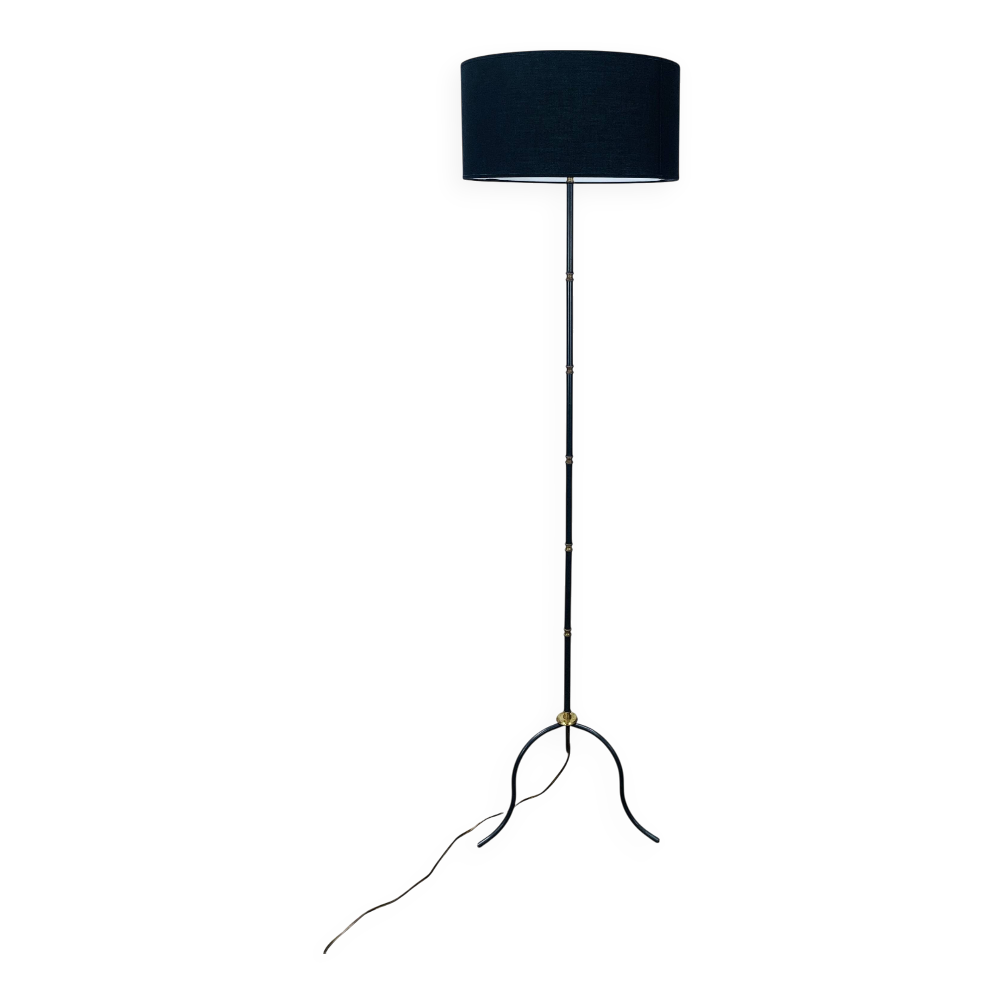 1950s tripod floor lamp, brass and black metal
