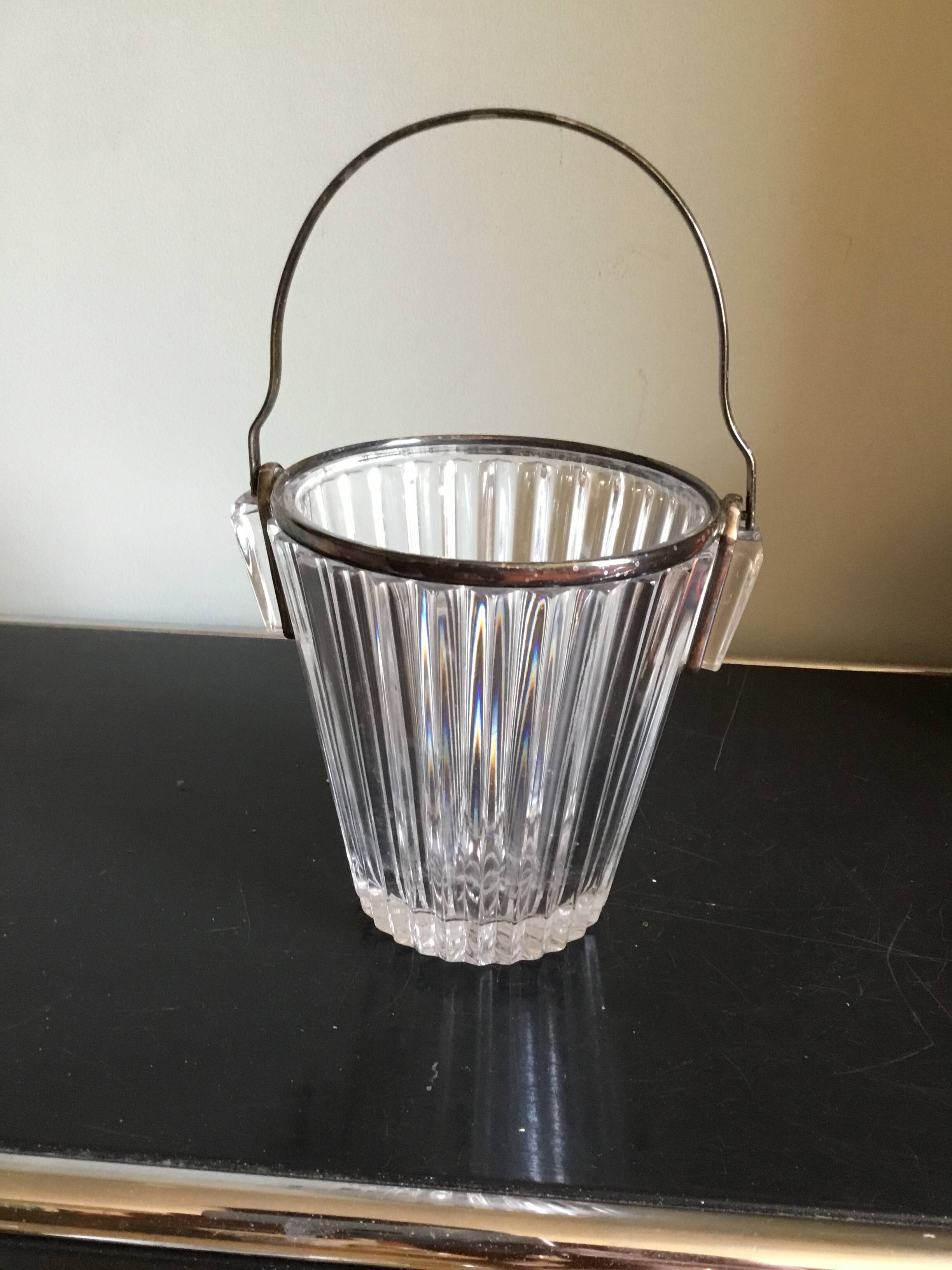 Crystal ice bucket with silver-plated handle