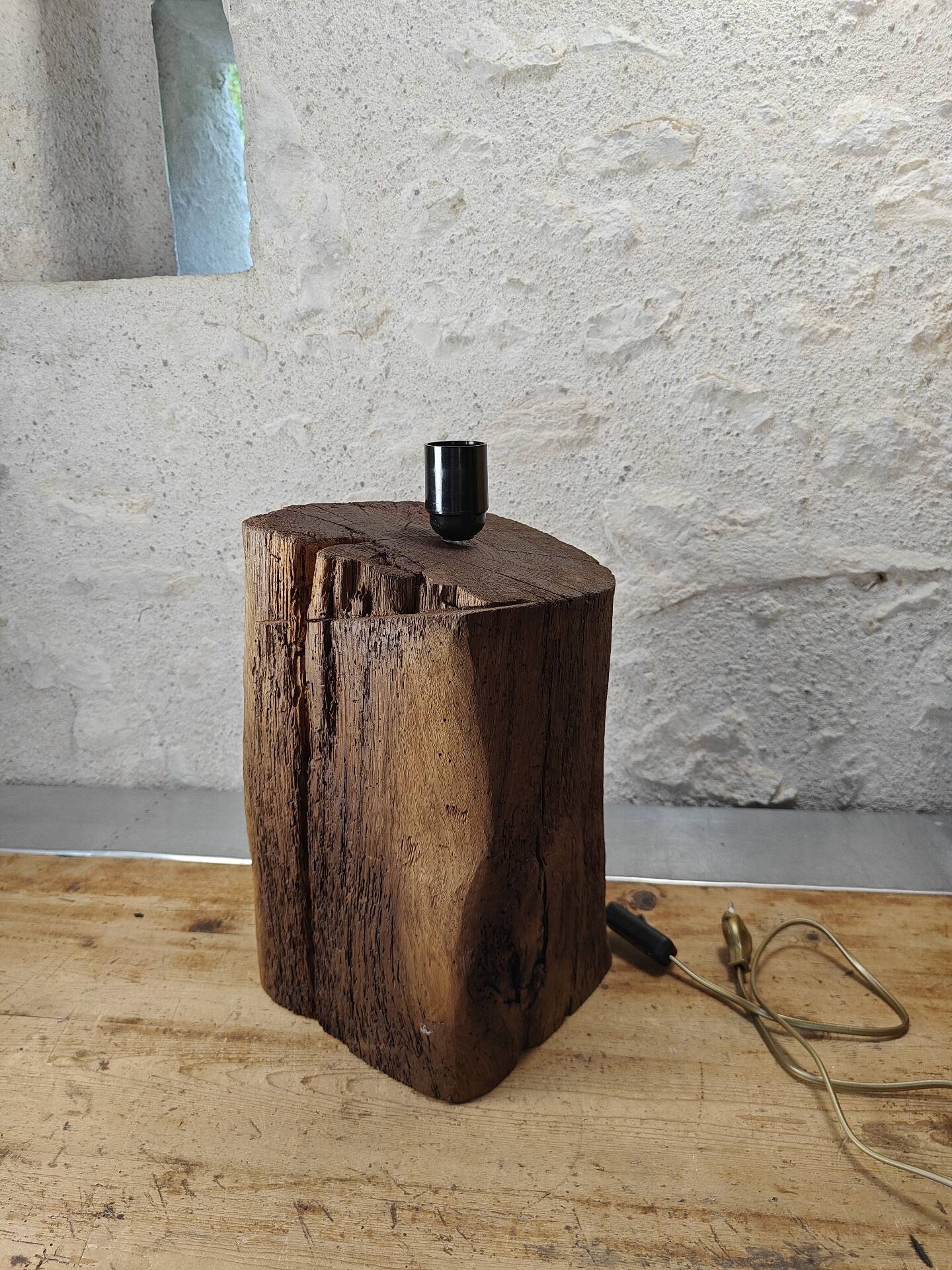 Brutalist table lamp in solid oak