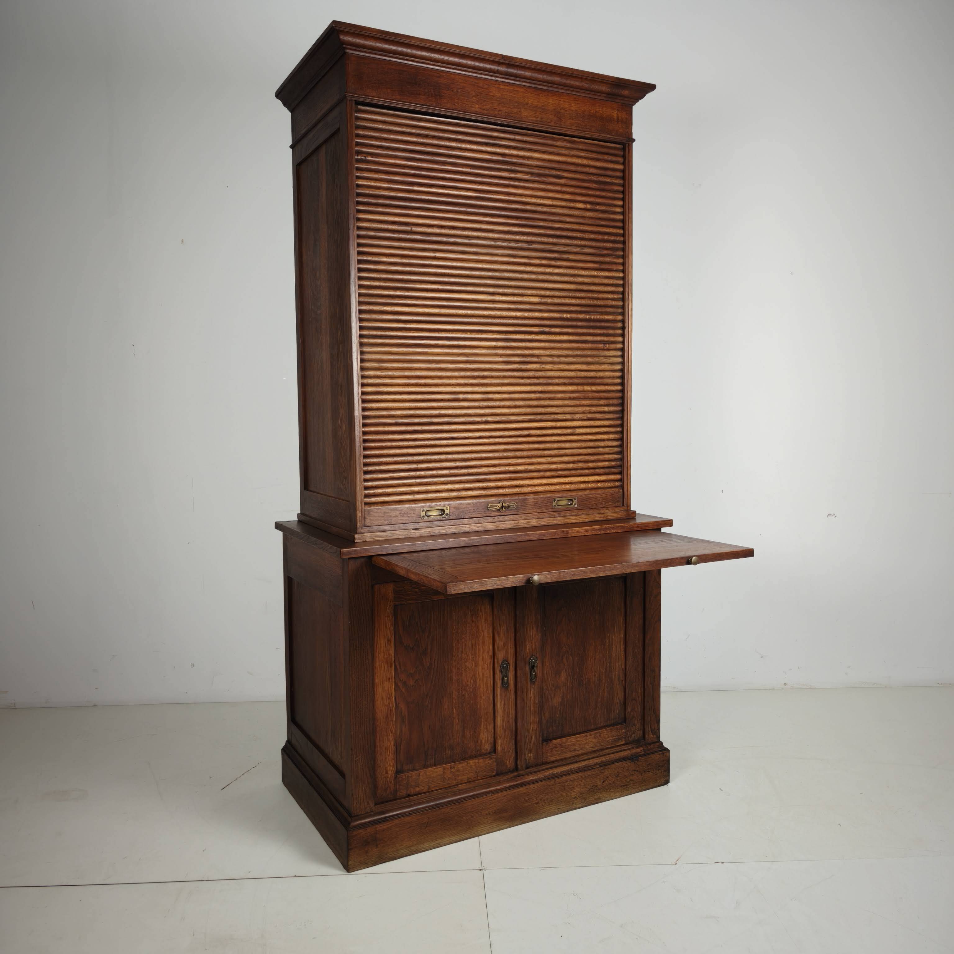 1930s Dutch Oak Roll-Top Notary Cabinet / Archive Cabinet
